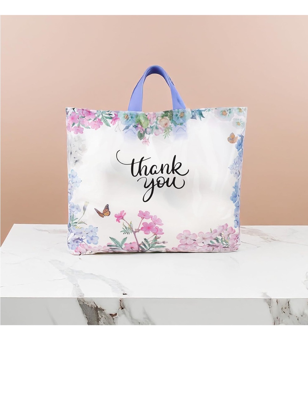 Amazon Floral Thank You Tote Bag with Lavender Handles